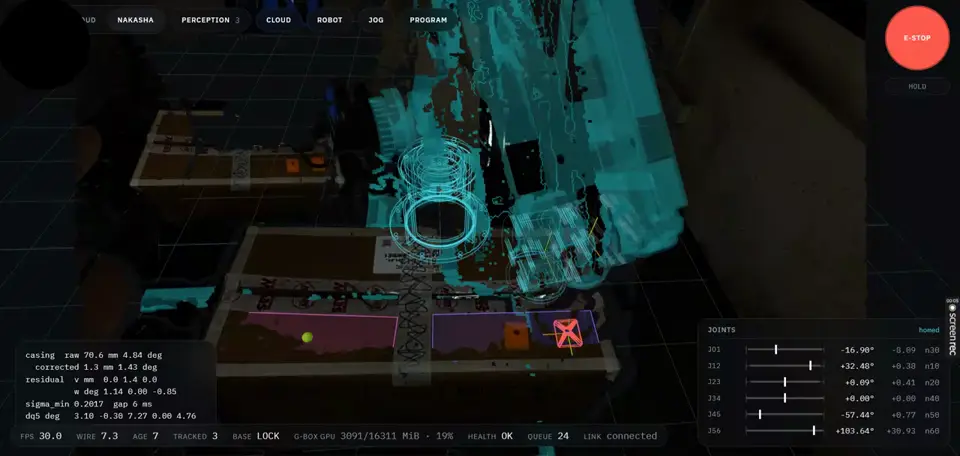 The operator screen in our lab, with a part outlined in cyan where the camera found it