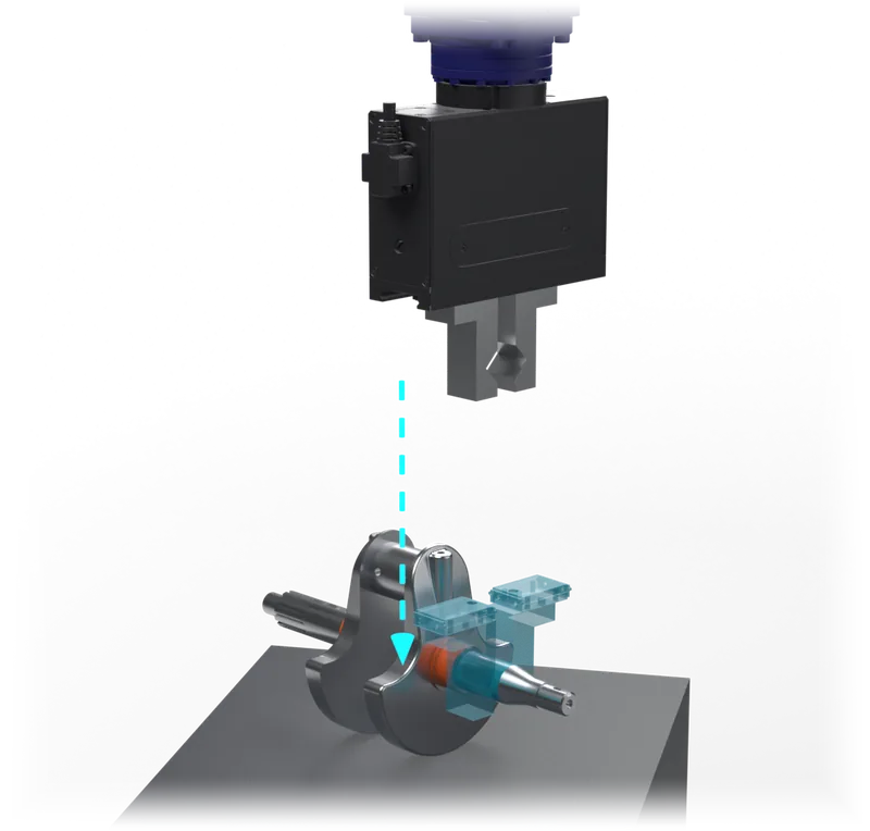 A gripper above a part, with the planned grasp shown in cyan